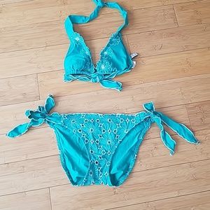 Embroidered turquoise blue bikini by Becca